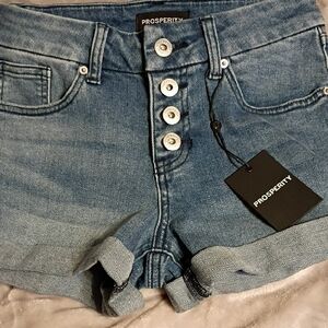 Blue Jean Shorts with Rolled Hem and Distressed Finish